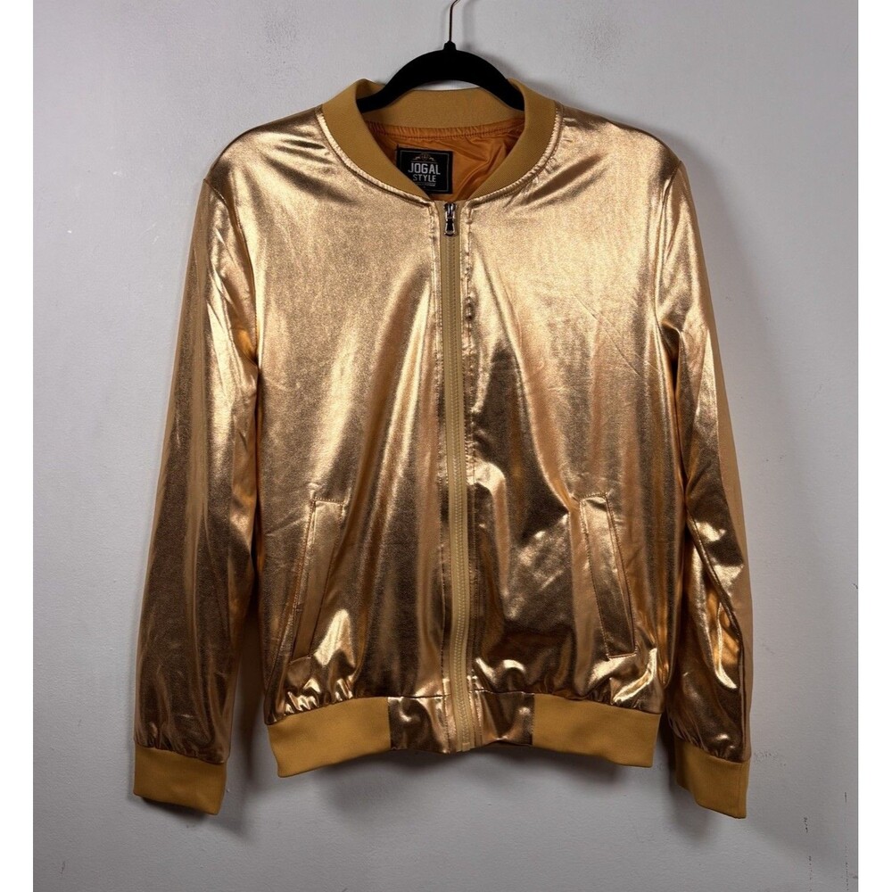 JOGAL Style S Metallic Gold Bomber Jacket Y2K Shiny Zip Up Streetwear